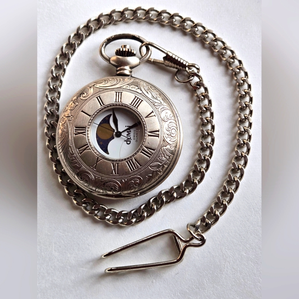 NWOT Dumai Sun Moon Dial Vintage Silver Etched Pocket Watch with Chain